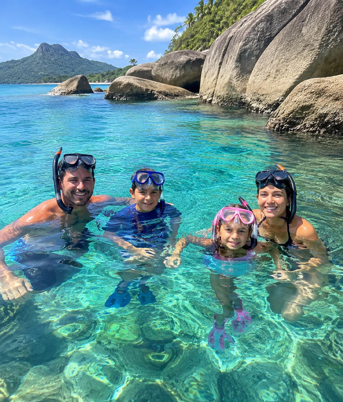 Família fazendo snorkel em piscina natural